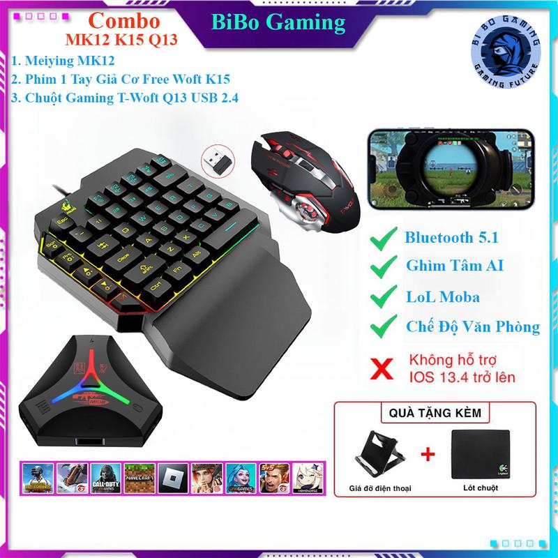 Combo Meiying MK12, Bộ Chuyển Đổi Gaming Bluetooth 5.1, Hỗ trợ ghìm tâm AI, Bàn Phím Giả Cơ Free Wolf K15 và Chuột Gaming, Hỗ trợ chơi game PUBG Mobile, Free Fire, Liên Quân, MineCraft, Roblox