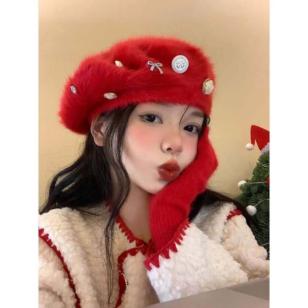 Mũ Nồi Lông Thỏ, Dành Cho Nữ, Mùa Đông, Màu Đỏ, Thích Hợp Cho Giáng Sinh Và Năm Mới, Mũ Họa Sĩ, Phong Cách Hàn Quốc, Thích Hợp Cho Khuôn Mặt Nhỏ Mũ Nhồi Bông Ấm Áp Hoa Hat Nón