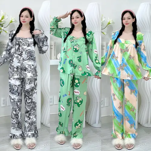 [Big size 60-75Kg] Đồ Bộ Pijama Dành Cho Nữ, Chất Liệu Lụa Xước, Cổ Vuông, Tay Ngắn và Tay Dài Quần Dài, In Hình Gấu Nhiều Màu