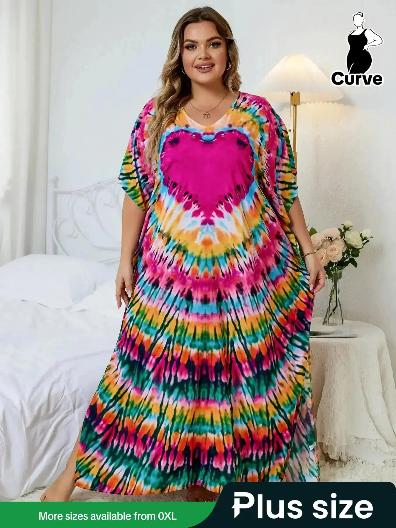 Casual V-Neck Button Batwing Sleeve Printed Swing Dress