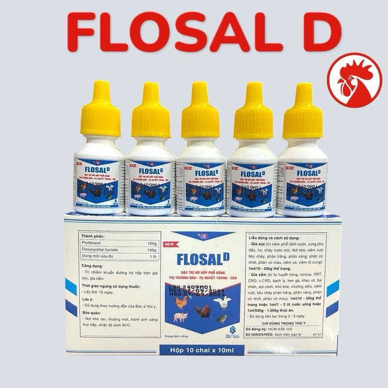 (Hộp 10 lọ x 10ml) FLOSAL D uống trị khò khè, sổ mũi, thương hàn, tụ huyết trùng, sưng phù đầu, crd trên gà, vịt, gà chọi, gà đá, gà nòi, gà tre (dạng lỏng)