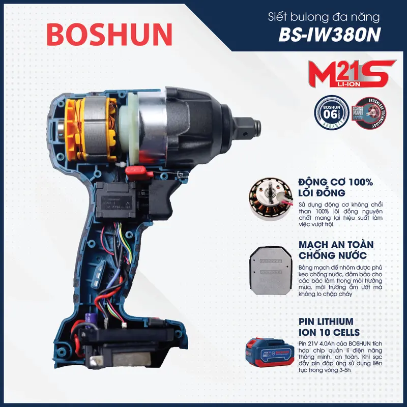 Máy Siết Bulong BOSHUN BS-IW380N Đầu 2 trong 1, Điều tốc 3 cấp, Chế Độ Auto Stop, Lực siết 380N Bảo Hành Chính Hãng 5