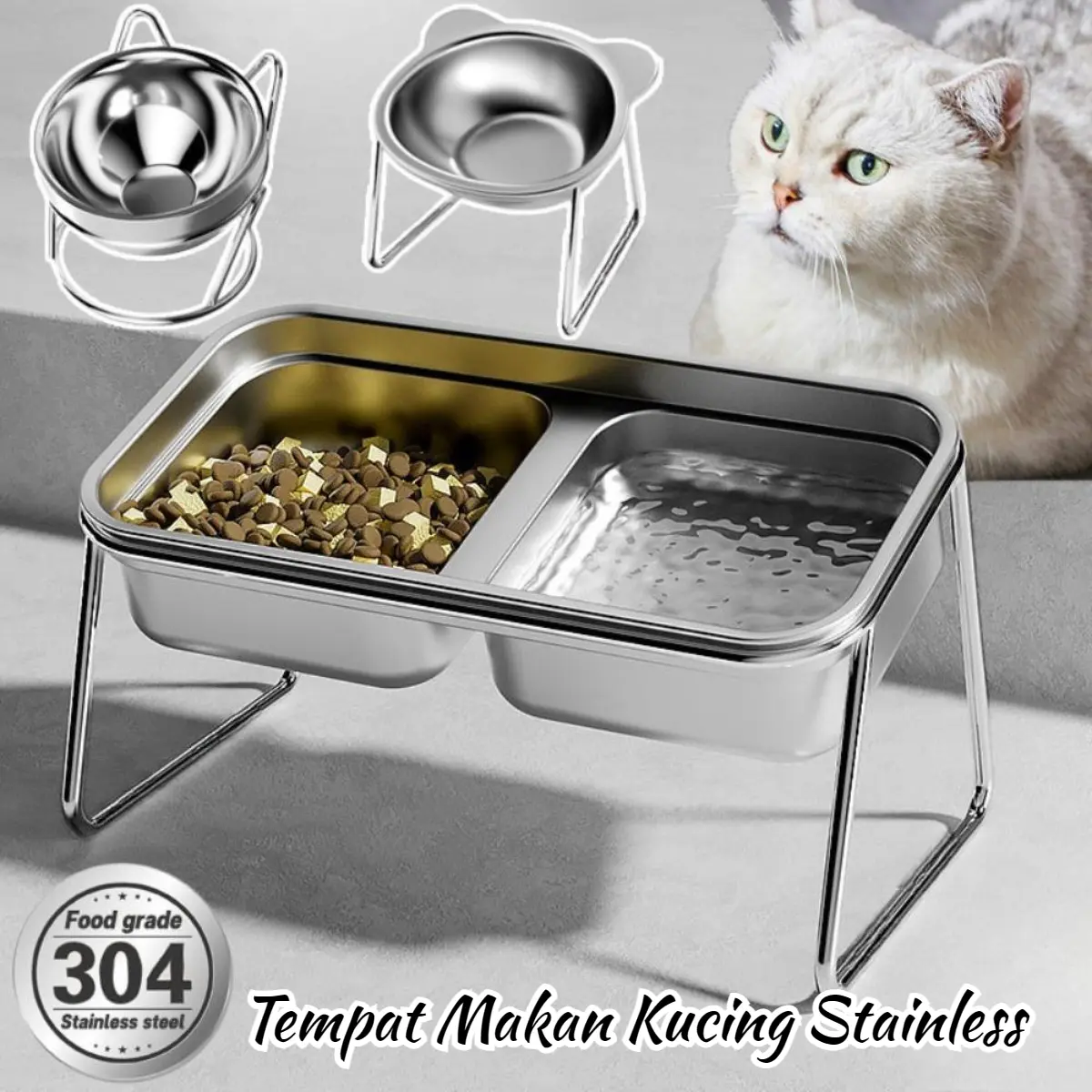 Tempat Makan Kucing Anjing Wadah Makanan Tempat Makan Kucing Stainless  Food Bowl Tilted Stainless Steel Pelindung Leher