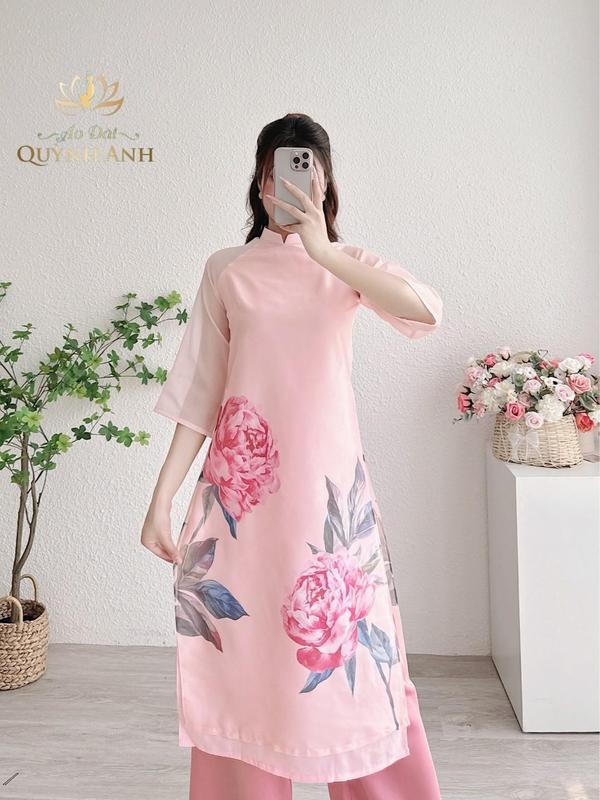 Áo dài cách tân 4 tà hồng mẫu đơn Nữ Women Nhung Dress Sen Hoa Sen 0