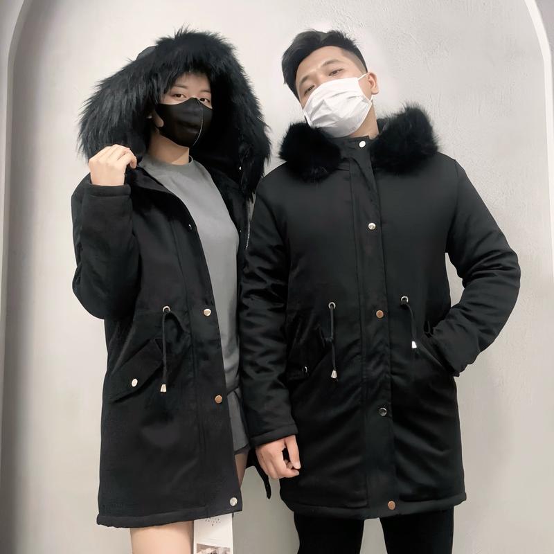 Áo khoác parka nam nữ dáng dài, áo khoác phao mũ lông phong cách hàn quốc năm 2023 và 2024 mã AP02 Menswear Dài Tay Nhung Đen