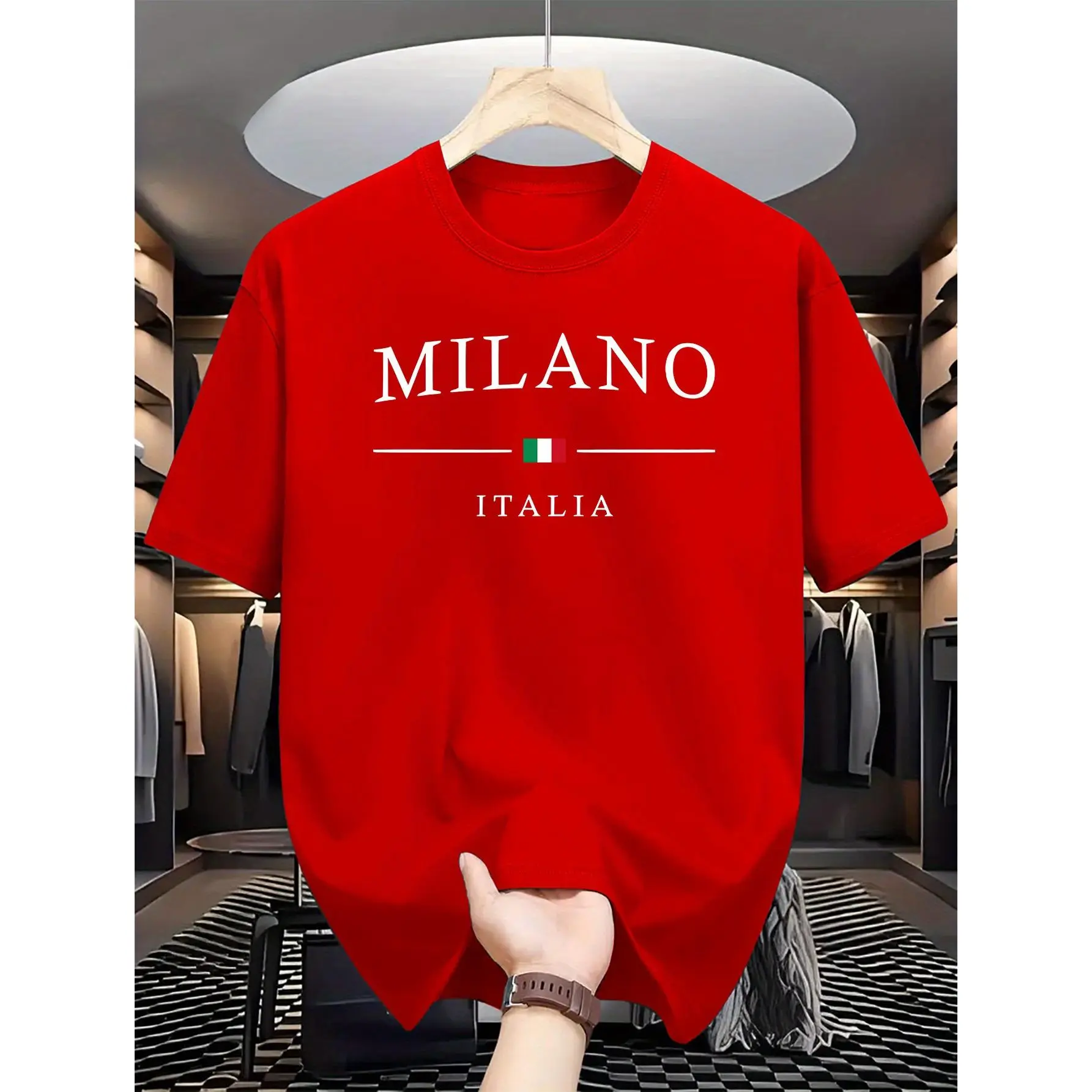 Milan, Italy" Graphic Unisex O-Neck T-Shirt - Casual Summer T-Shirt with Round Neck, Breathable Polyester, Machine Washable, Monogram, Athleisure Men's Top