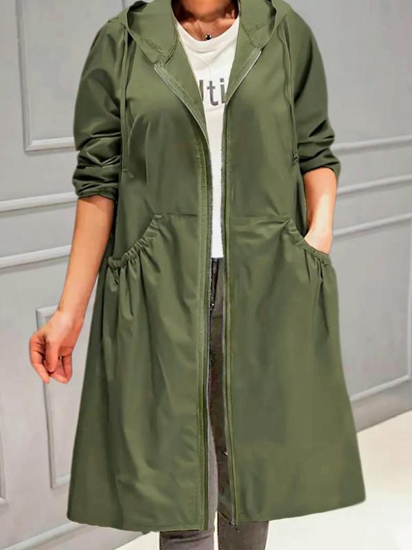【Plus Size】 Solid Drawstring Hooded Jacket, Casual Long Sleeve Zip Up Outerwear for Fall & Winter, Women's Clothes for Daily Wear 3