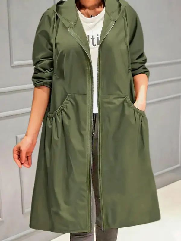 【Plus Size】 Solid Drawstring Hooded Jacket, Casual Long Sleeve Zip Up Outerwear for Fall & Winter, Women's Clothes for Daily Wear 3
