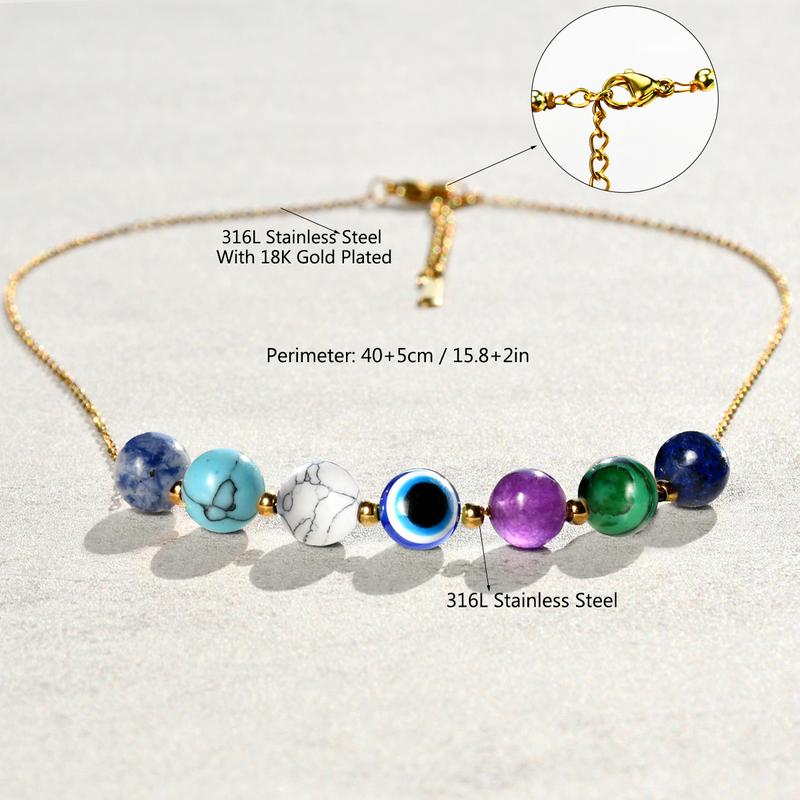 Product Introduction of Boho Colorful Natural Stone Necklace Amethyst Rose Quartz Carnelian Blue Evil Eye Beads Fashion 316L Stainless Steel Link Chains 6