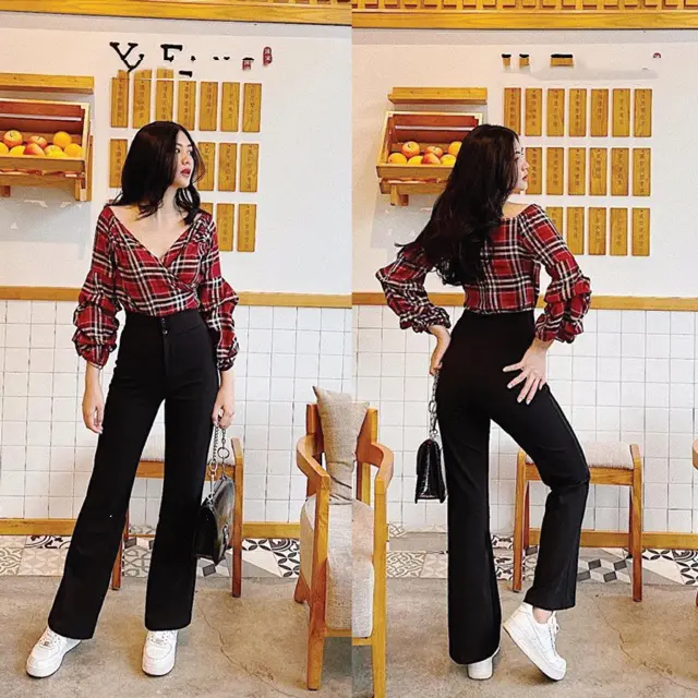 Quần Ống Loe Cạp Cao 2 Cúc Tôn Dáng Có Túi, Quần Vải Tuyết Mưa Hàn, Quần nữ đơn giản sang trọng DE LANA KOREA V828 không có Drawstring 1