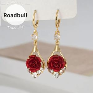 ROADBULLローズ ドロップイヤリング 14ゴールドメッキ キラキラクリスタル タッセルデザイン,シックでエレガントなファッションジュエリー レディース向けウォータードロップイヤリング 2026年モデル