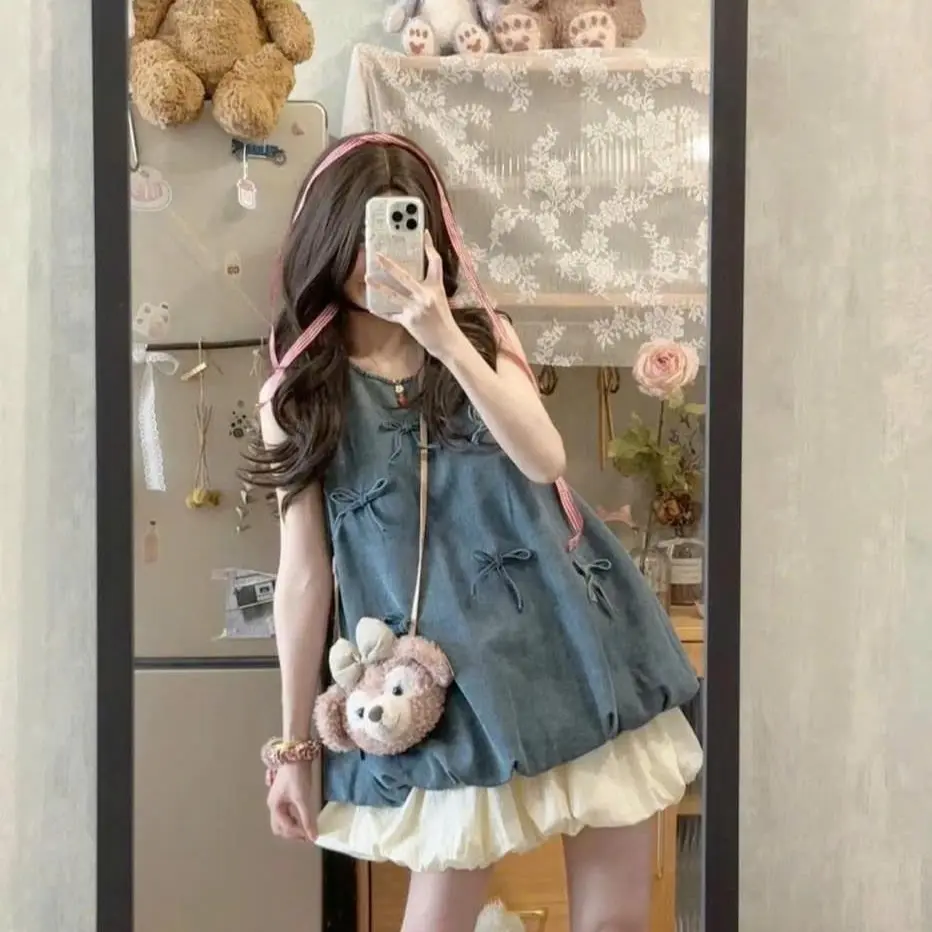 Sét váy nữ, set váy bò đính nơ pha thô váy xoè sát nách dáng bbd chuẩn mẫu full size SM Women Dress Voan váy  dạ  dáng  ngắn váy  caro  đuôi  cá váy  pinky vayden váy  babydoll  dễ  thương đầm  bí  ngắn  như  lan  yuki  đồ  bộ vay sang trong