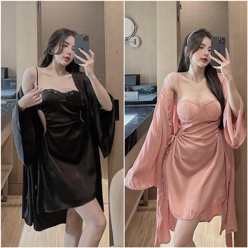[FREESIZE 40-58KG, V1<90CM] Váy Ngủ Sexy - Đầm 2 Dây Cúp Ngực Rút Eo Kèm Áo Choàng Tay Loe Rộng Lụa Latin Siêu Sang Freesize