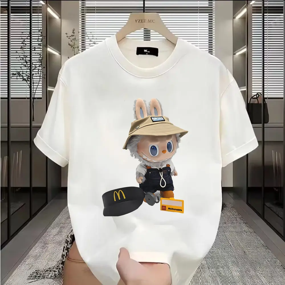100% Cotton Fun Cartoon Labubu Loose Short-sleeved T-shirt Crew Neck Top for Men and Women Unisex