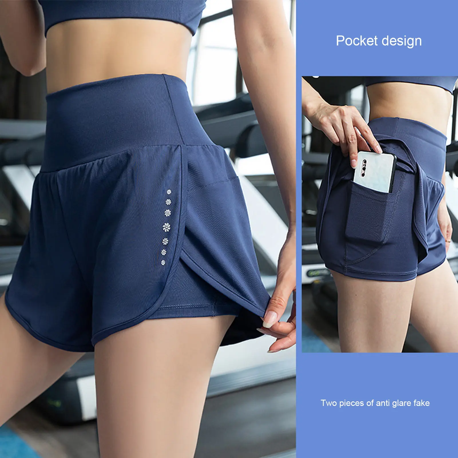 Women Yoga Shorts High Elastic Breathable Flower Print Quick Drying Pocket Sportswear Fake Two Piece Summer Ladies Workout Short Pants Trousers Exercise Wear