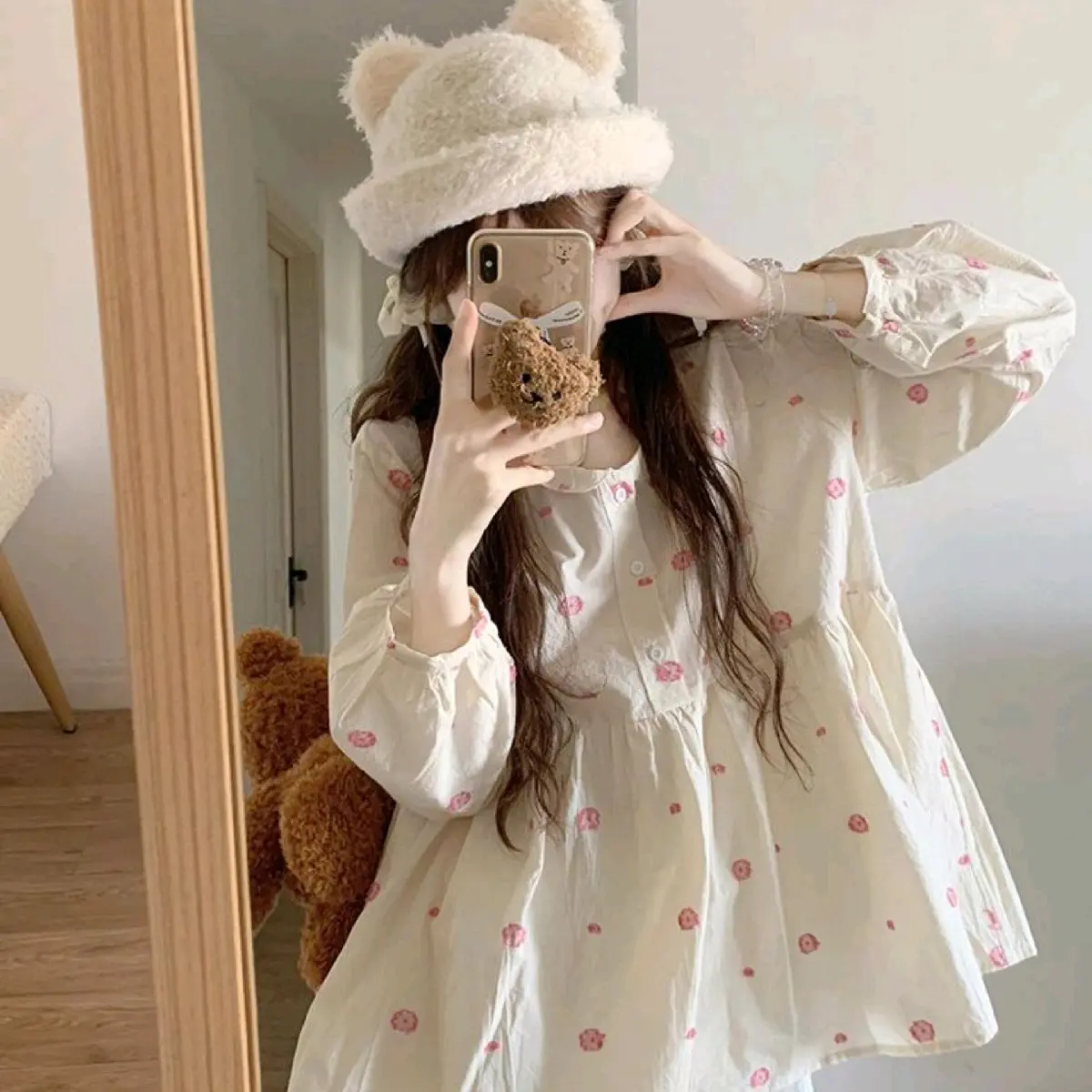 Áo sơ mi dáng baby doll in hoa tay phồng Vintage