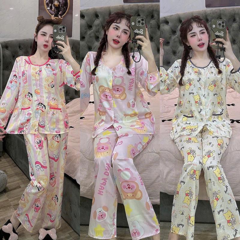 Đồ bộ tay dài lụa latin thiết kế mới dể thương , đồ bộ nữ mặc nhà thoải mái , pijama nữ lụa mịn mát , size dưới 60kg , đồ bộ pizama bộ ngủ Áo lụa