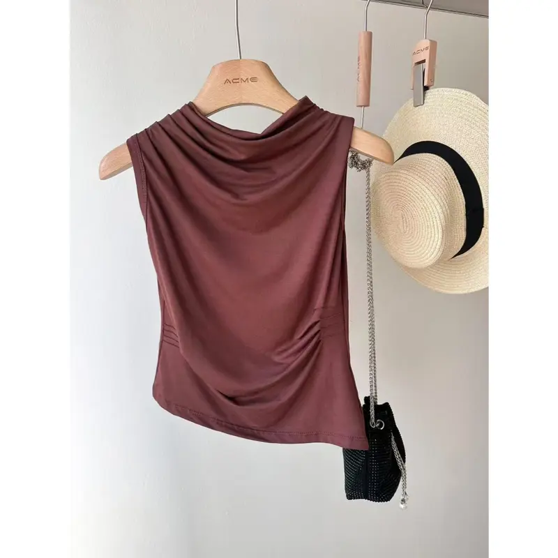 Blusa Feminina Sem Manga Com Gola Plissada Regata Casual Verao Ajustada VIscose