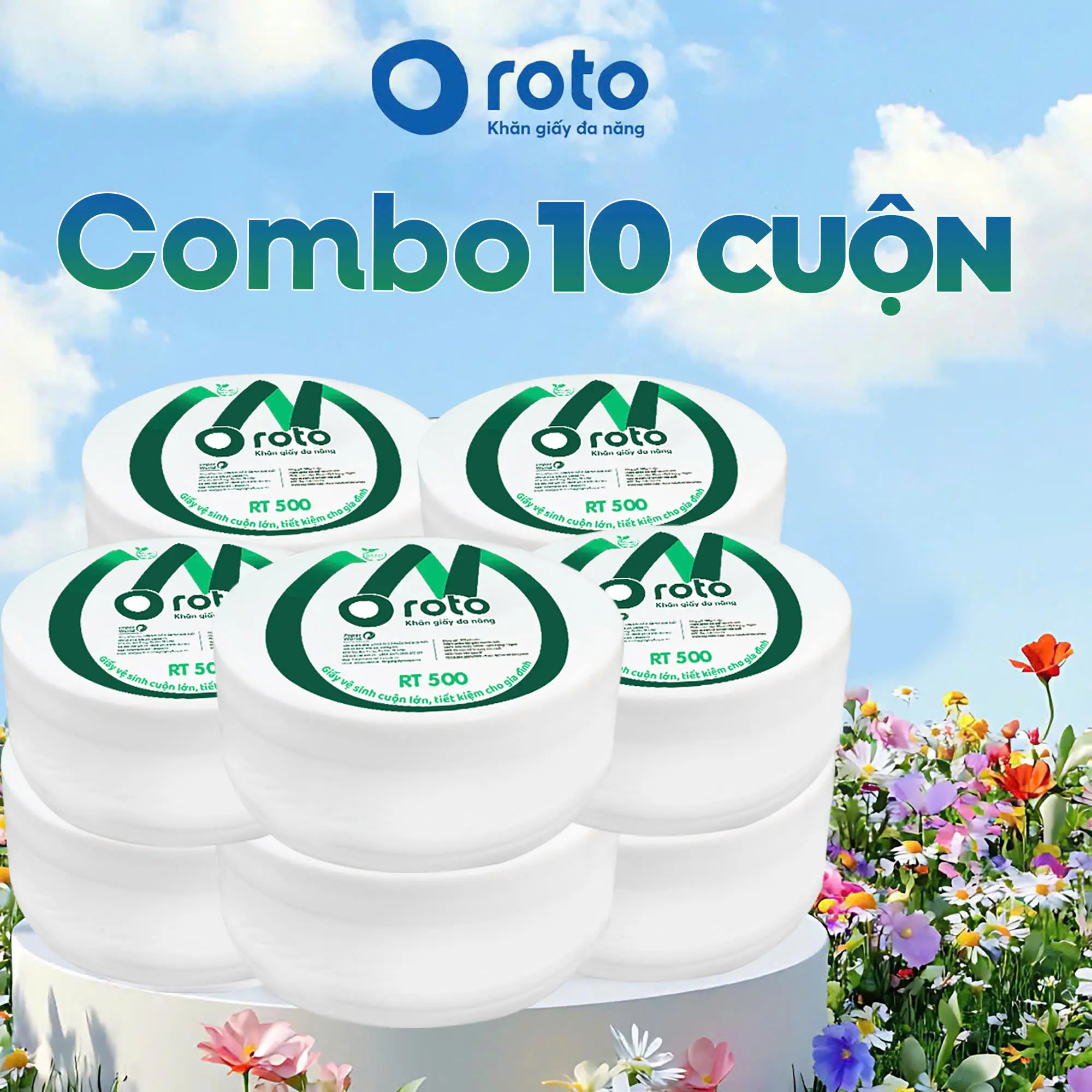 [COMBO 10 CUỘN]Giấy Vệ Sinh ROTO 500g Cuộn Lớn 2 lớp mềm mịn, có lõi - Thế Giới Giấy RT500