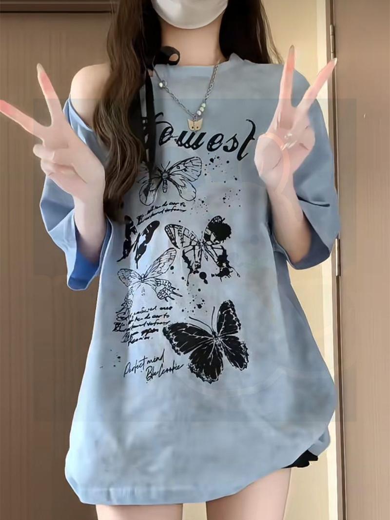 Product Introduction of [Bow Bandage Design] Preppy Style T-shirt Retro off-Shoulder Loose Short Sleeve Top Summer New Printing 8