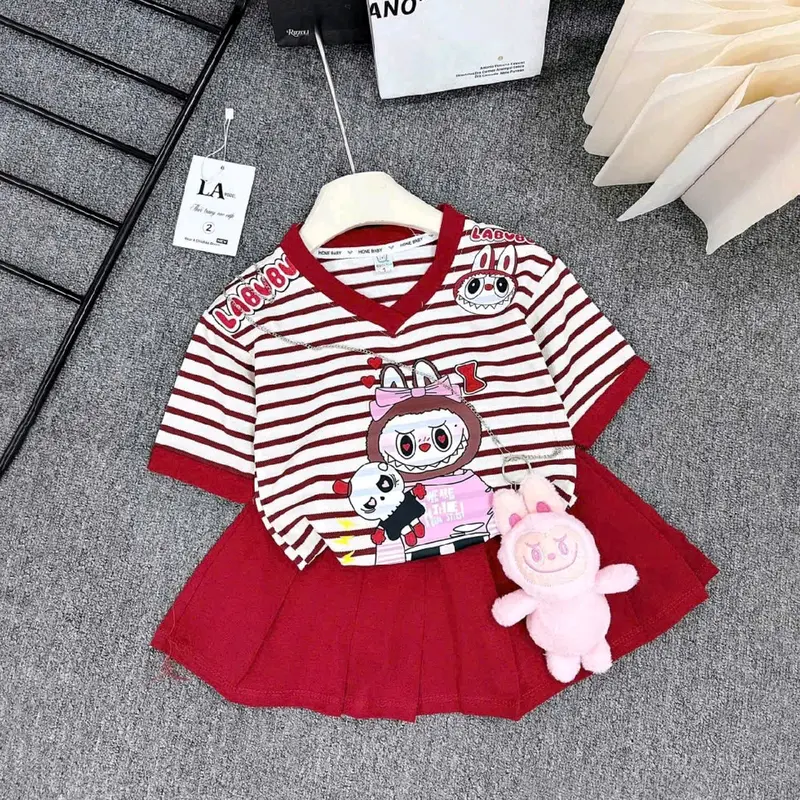 Sét bộ chân váy xếp ly cổ tim Labubu cho bé gái size 7-41 kg Mẫu L1 - Chất liệu Cotton mềm mại (có lót trong) 3
