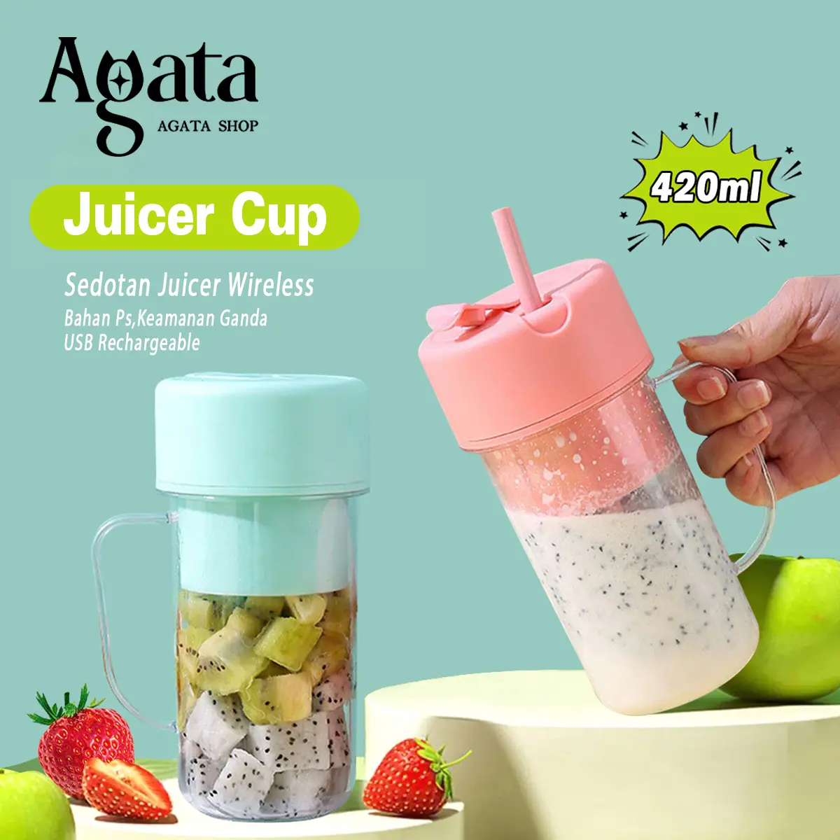 Crusher Juicer Mini Juice Cup Blender Portable Wireless 420ML  + Sedotan/Electeic Juicer Cup