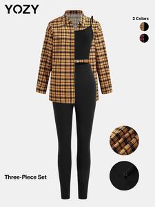 YOZY Three-Piece Set Women's Plaid Print Button Front Shirt & Cami Top & Leggings Set, Ladies Three-Piece Outfits for All Seasons