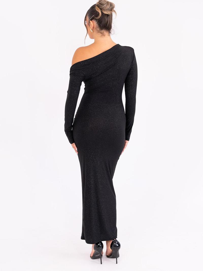 Product Introduction of Women's Glitter Ruched Asymmetrical Neck Dress, Elegant Long Sleeve Dress for Party Club Dating Wear, Ladies Clothes for All Seasons 5