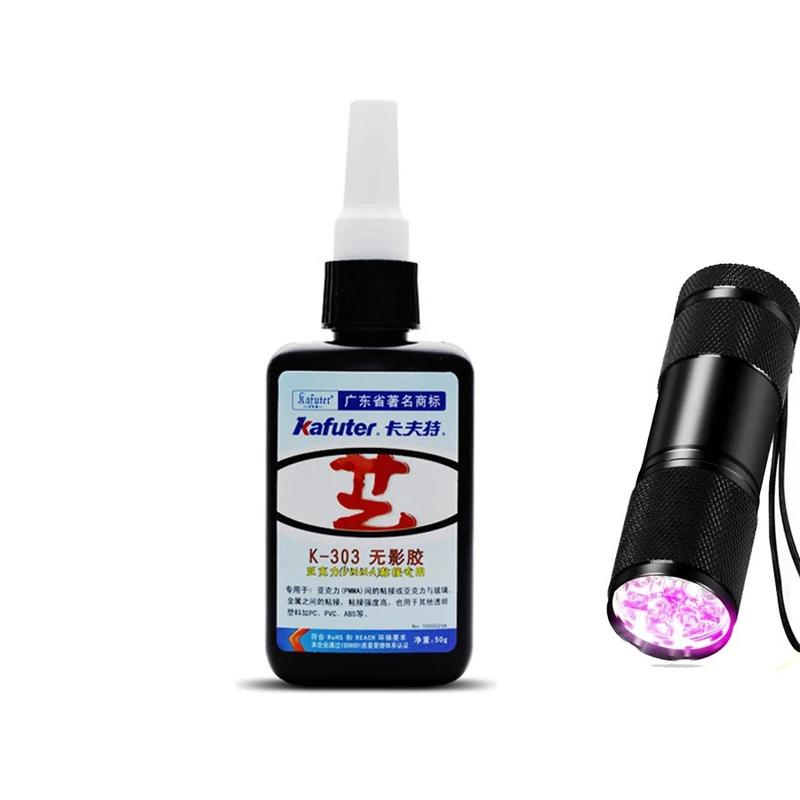 Keo UV Dán Kính, Mica, Thủy Tinh, Chai 50ml và Đèn - Bám Dính Mạnh Mẽ, Không Bong Tróc và Dính Chắc