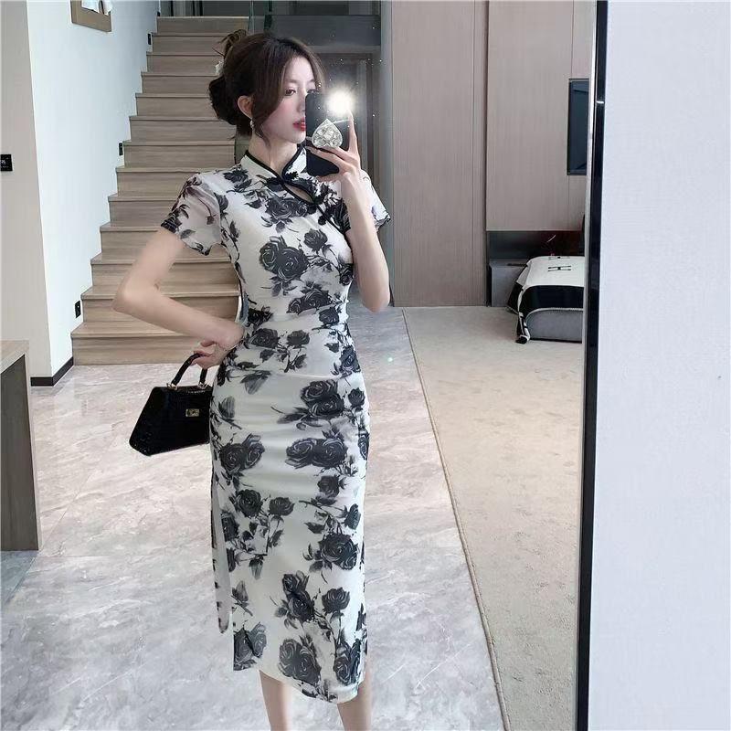 Product Introduction of Váy Cao Trên Đầu Gối, Phong Cách Trung Quốc Mùa Hè, Dáng Ôm, Xẻ Tà Thanh Lịch, Sườn Xám Sửa Đổi, Thường Ngày, Thanh Lịch Và Thời Trang 5