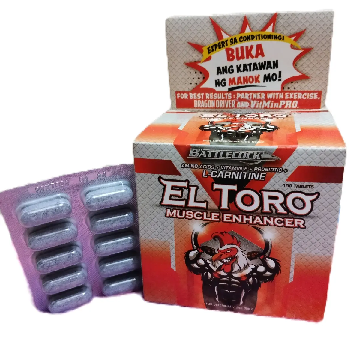 Battlecock El Toro Muscle Enhancer For Gamefowl Conditioning 10 Tablets with L-Carnitine Vitamins & Probiotics