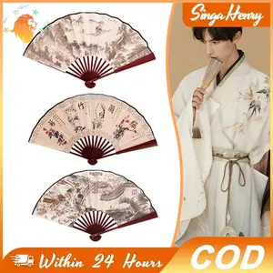 Kipas Lipat Bambu Pria 8 Inch Double Sided Lukisan China Sutra Untuk Koleksi Performance Dan Hadiah