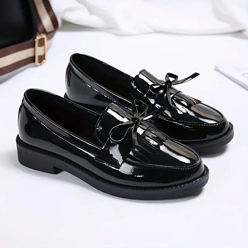 Preppy Solid Color Round Toe Slip-on Women'S Shoes, English Style, All-season, with Bow Embellishment, Made of Man-made Materials, Faux Sole and PVC Insole, with Fabric Inner Material, Hand Wash Only 1