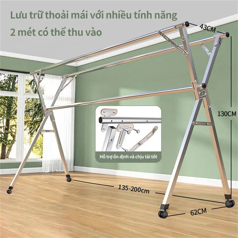 Giàn Phơi Quần Áo Thông Minh, Giá treo quần áo có bánh xe, chất liệu thép không gỉ 304, đa dạng kích thước chọn lựa Kệ 6