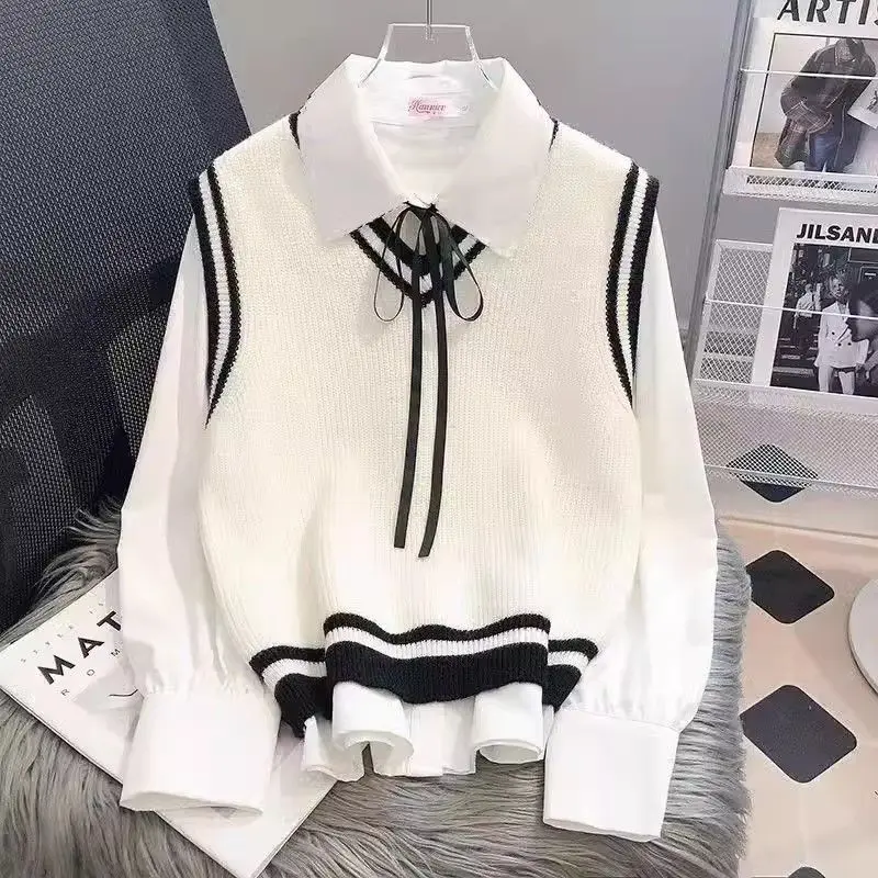 Bộ Đồ Phong Cách Preppy, Cho Bé Gái, Phong Cách Hàn Quốc, Áo Sơ Mi Nơ Dáng Rộng Rãi, Áo Vest Dệt Kim, Bộ Đồ Hai Mảnh, Thời Trang, Quần Áo Nữ, Thích Hợp Cho Mùa Thu 5