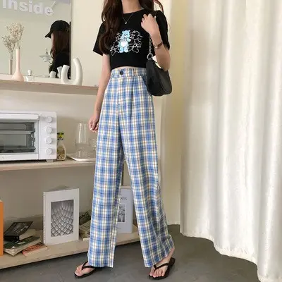 Celana Tartan Wanita Panjang Kulot Kotak-Kotak Casual Kancing Depan 1099 0