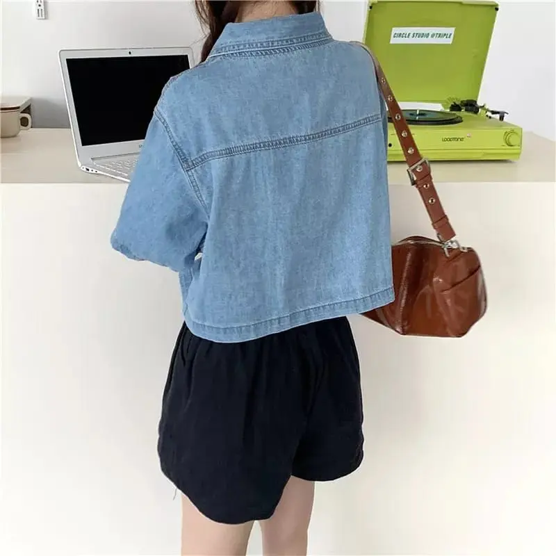 957-KEMEJA & BLOUSE JEANS DENIM ATASAN WANITA LENGAN PENDEK/KEMEJA JEANS CROP Light Keren 5