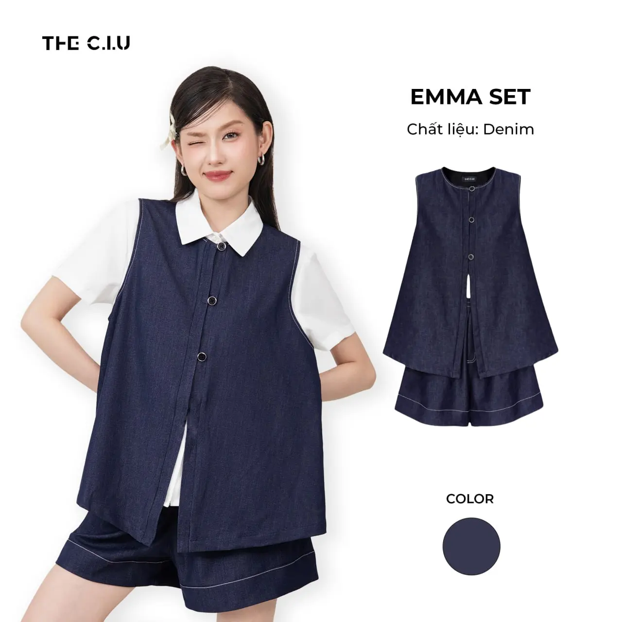 Set đồ denim sát nách cổ tròn + quần short lưng chun THE C.I.U -  Emma Set - MN04