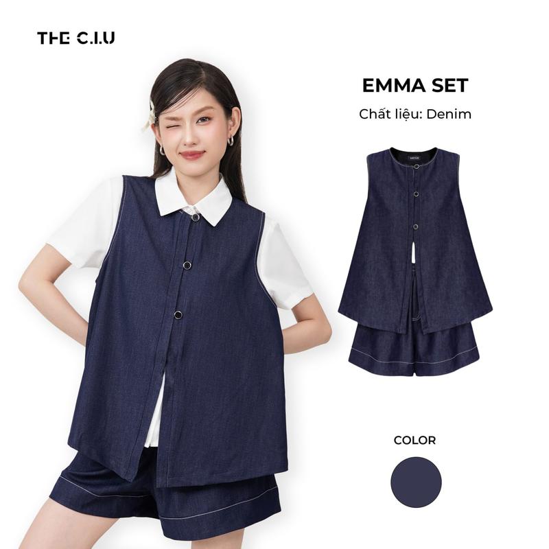 Set đồ denim nữ sát nách cổ tròn phối quần short lưng chun THE C.I.U, bộ phối cá tính chất denim mềm không kèm sơ mi - Emma Set