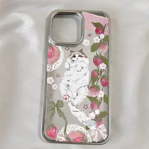 Clear Case Kucing Stroberi Berbulu UNTUK iPhone X Xs XsMax Xr 11 12 13 14 15 16 17 Pro Max  Plus ProMax 7/8 PLUS XMAX XR/XS