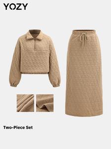 YOZY Women's Solid Textured Half Zip Up Sweatshirt & Drawstring Waist Skirt Two-piece Set, Casual Fashion Cozy Two Piece Outfits for Daily Outdoor Wear, Women Clothes for Fall & Winter