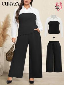CURVZY Plus Size Two-Piece Set Colorblock Long Sleeve Blouse & Elastic Waist Pants, Elegant Collared Top & Pocket Trousers for Work Office Business, Valentine's Day Outfit