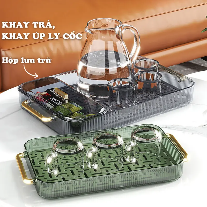 Khay trà, khay úp ly cốc trong suốt 2 lớp kèm hộp lưu trữ đựng trà, cafe đa năng chất liệu nhựa acrylic cứng cáp 4