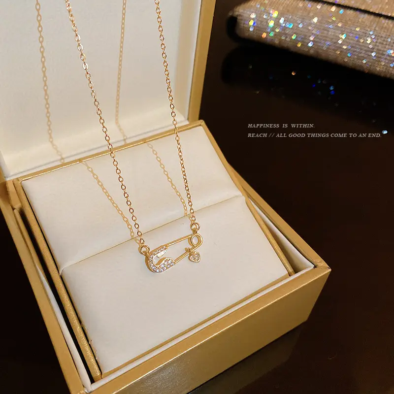 Light Luxury Zircon Pin Titanium Steel Necklace Female Fashion Ins Niche Design Clavicle Chain Graceful Online Influencer Personalized Pendant