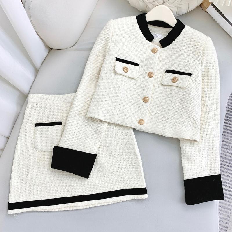 Bộ Dạ Tweed 2 Lớp Áo Khoác Dài Tay Cổ Tàu Dáng Croptop Mix Chân Váy Dáng A Hàng Thiết Kế Nữ Quần Voi Women Nhung