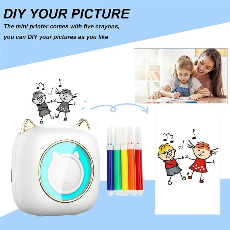 Mini Pocket Thermal Label Printer Smart Portable Photo Printer Wrong Question Printer with Self-Adhesive Paper+Color Pen