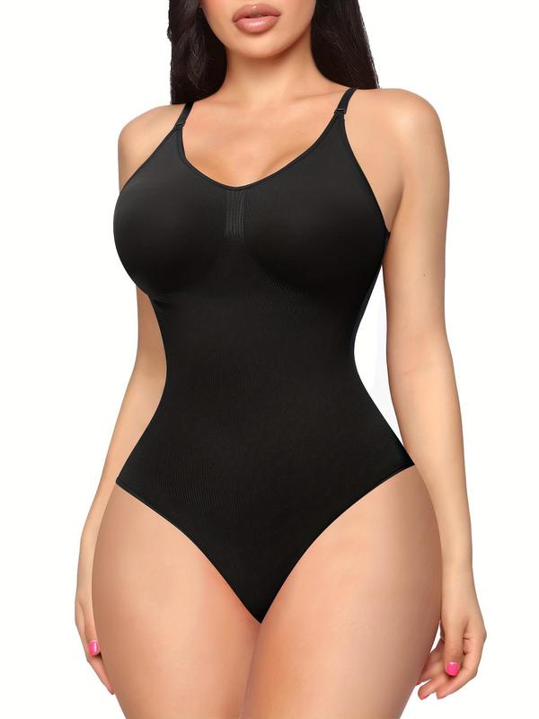 Solid Adjustable Spaghetti Strap Shapewear Bodysuit, Backless High Stretch Seamless Shapewear,