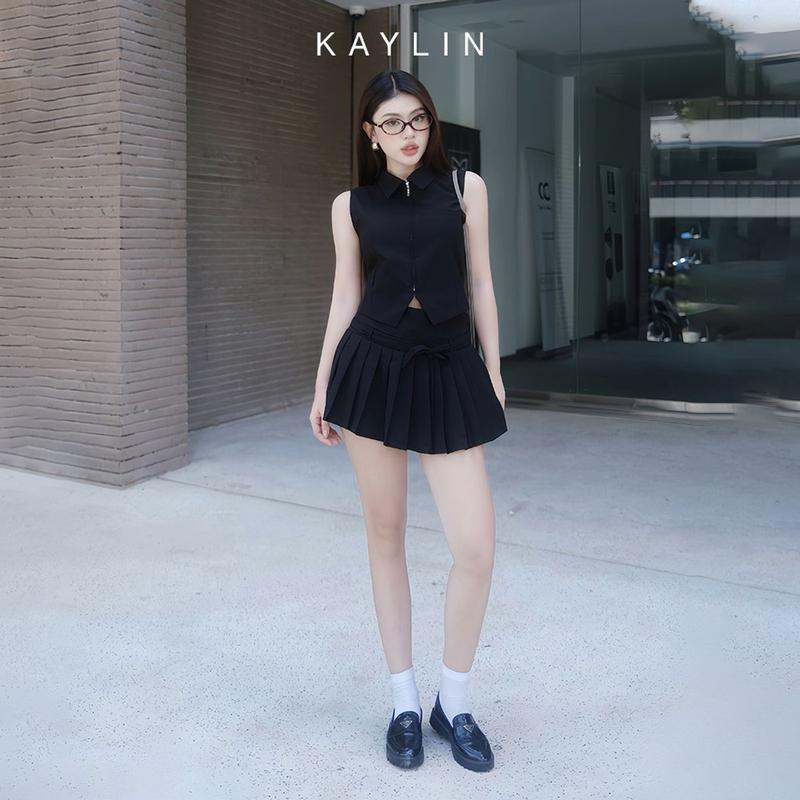 Set KAYLIN áo kiểu phối dây kéo kèm chân váy xếp ly ngắn chất vải kate phong cách trẻ trung - N2289 Nữ Women  Cotton