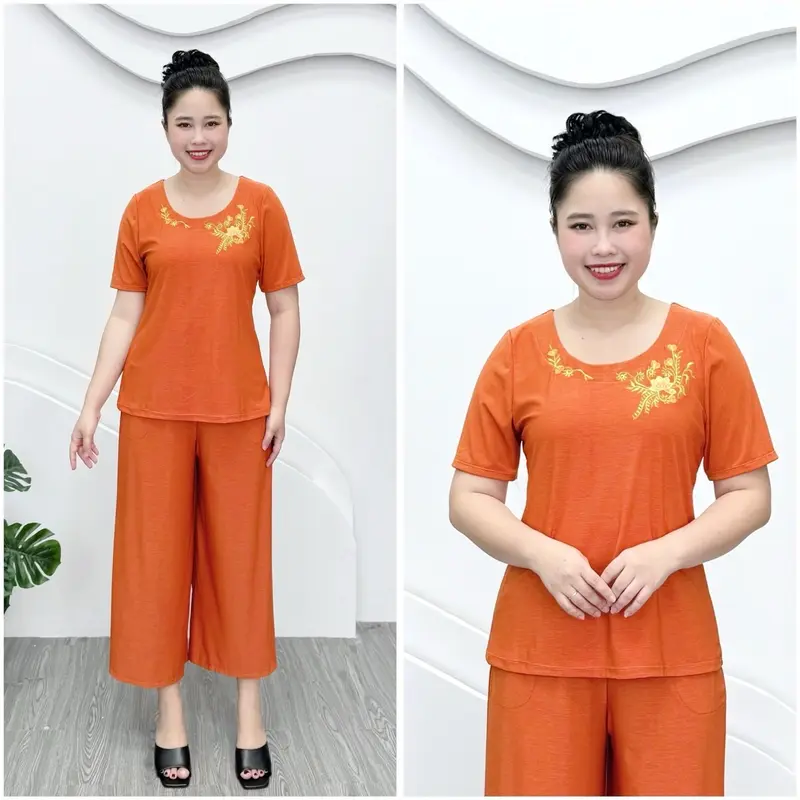 T65 Đồ bộ trung niên, set bộ cho mẹ thun aty mỹ mềm mát, quần ống rộng 9 tấc, 50-85kg Nữ Áo Women Nhung 2