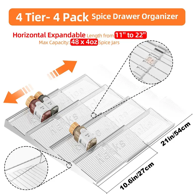 Expandable Acrylic Spice Drawer Organizer, 2 Sets 4 Tier Clear Kitchen Seasoning Rack, Kitchen Storage Organizer for Home Dining Room 1